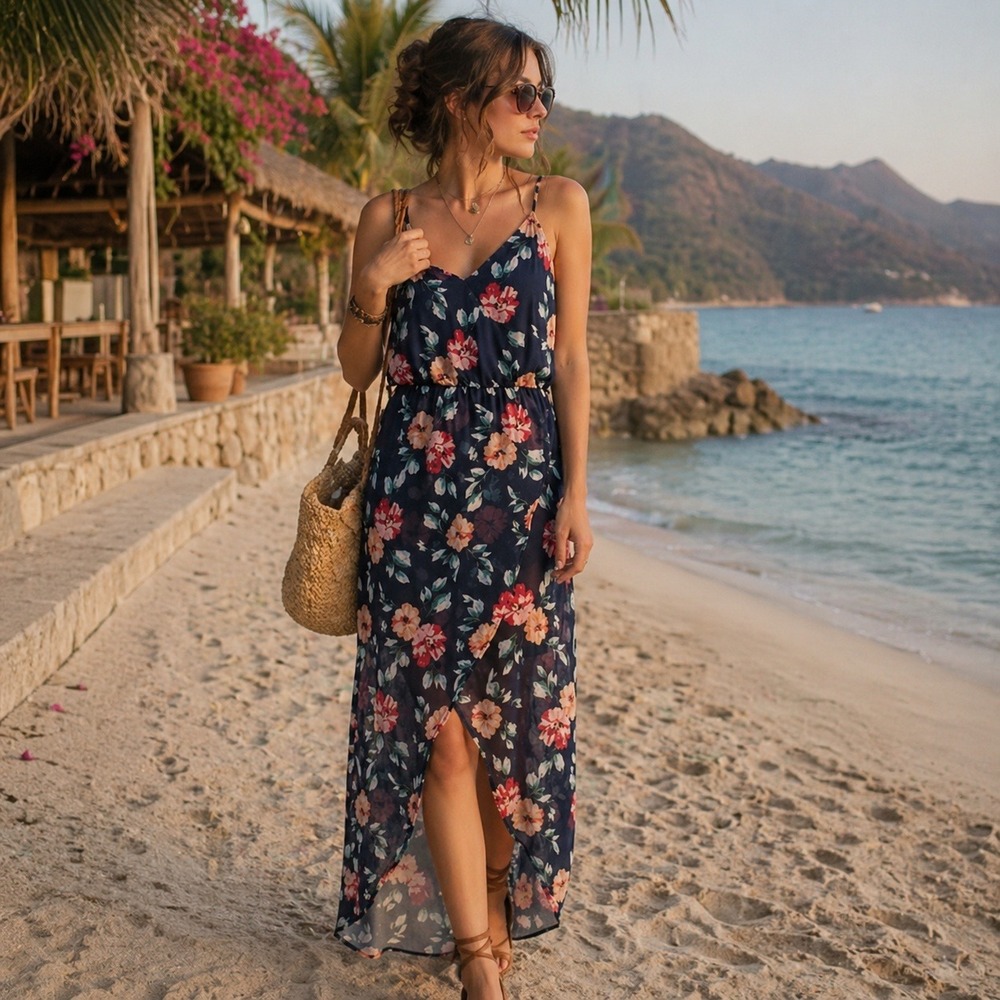 Floral Hi-Lo Maxi Dress Sz L Slip Sundress Beach Vacation Boho Romantic